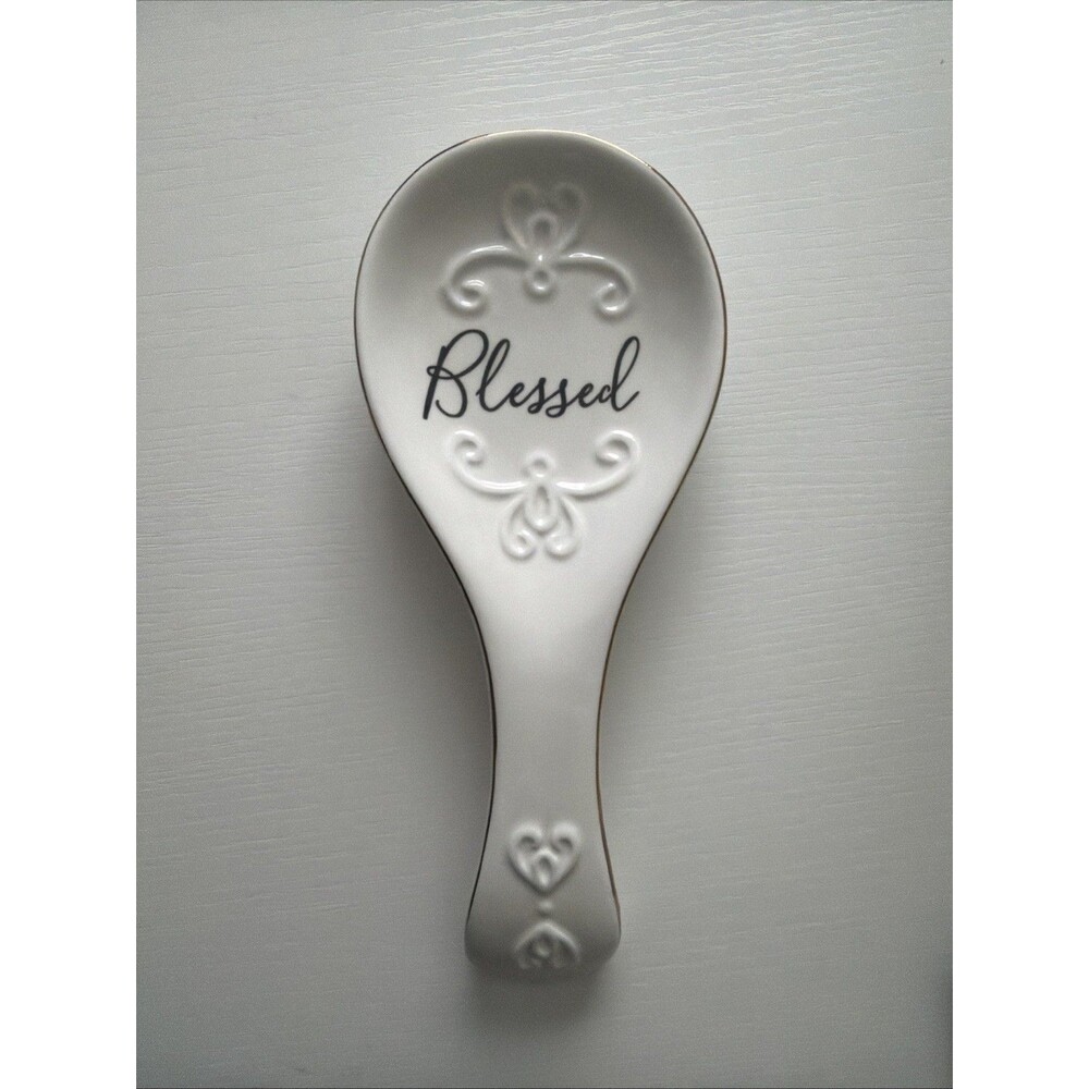 Blessed Ceramic Spoon Rest White Embossed Heart Floral Kitchen Decor Christian